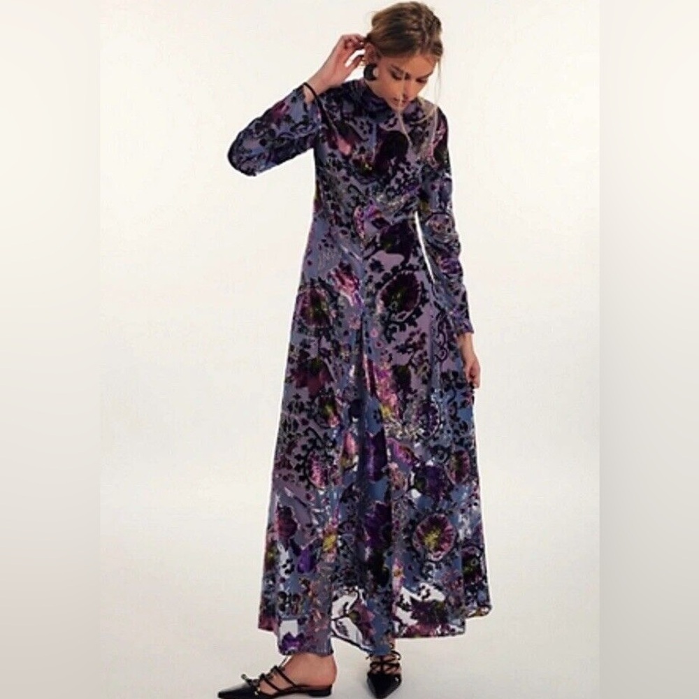 Free People Bali Painterly Paisley Velvet Purple Maxi Dress - Picture 2 of 7